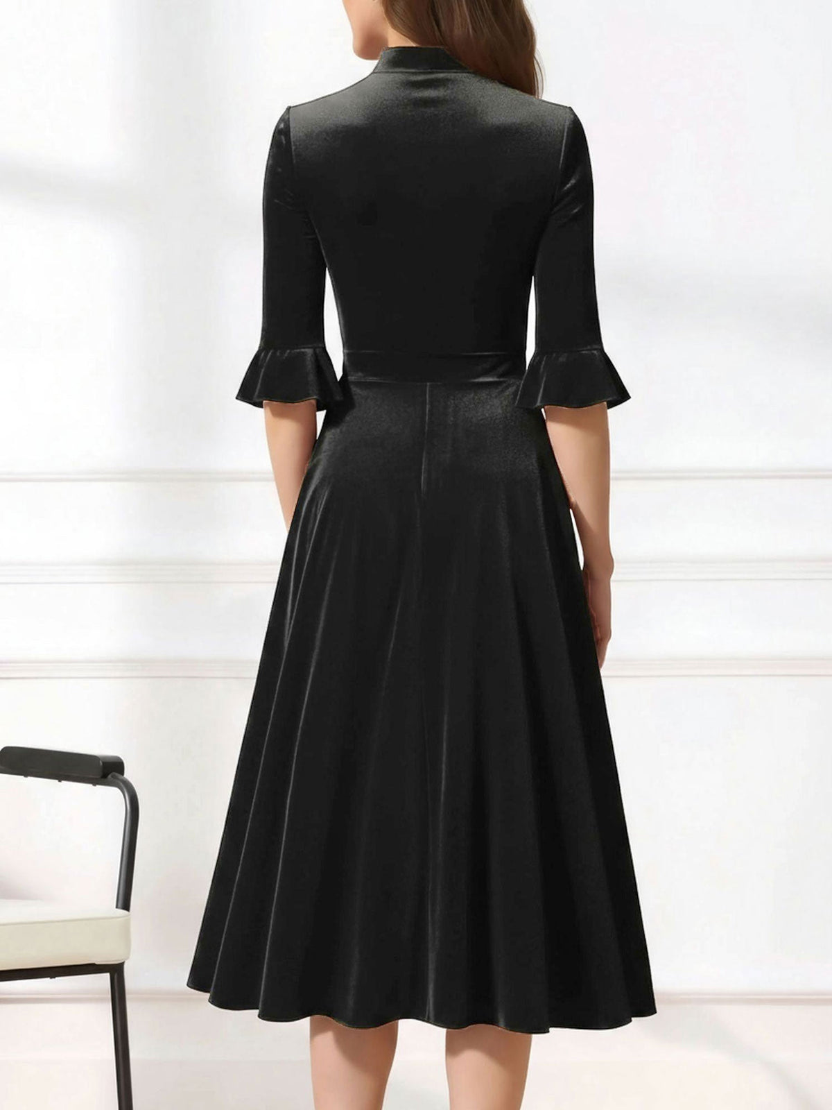 Vintage Velvet Ruffled Sleeves Bow Tie Midi Swing Dress