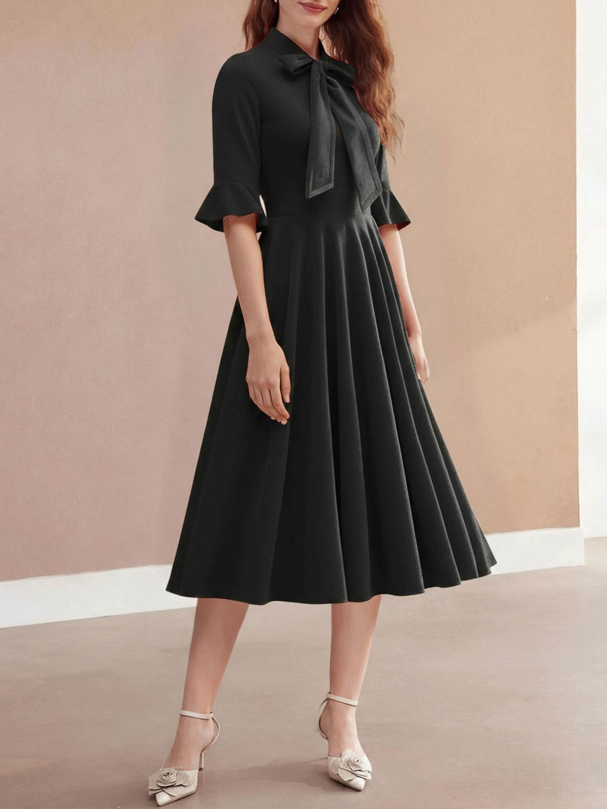 Vintage Velvet Ruffled Sleeves Bow Tie Midi Swing Dress