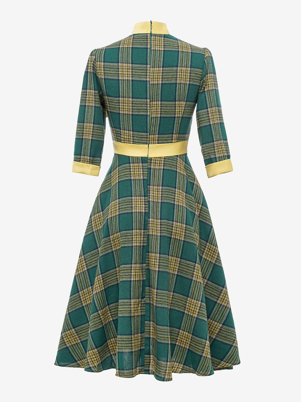 Bow Tie Neck 3/4 Sleeves Pockets Plaid A-Line Dress