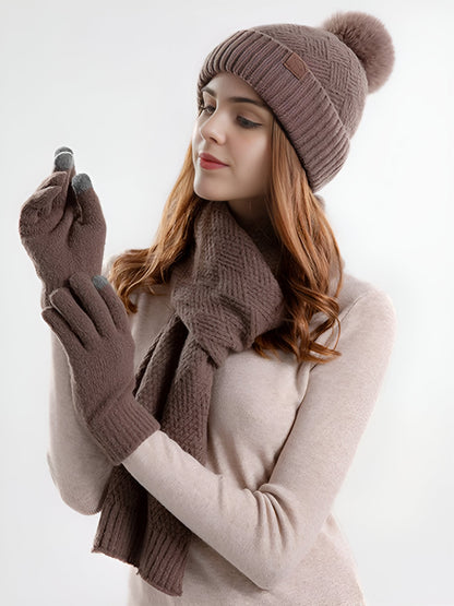 3 Pieces Knitted Beanie Hat & Scarf & Gloves Set