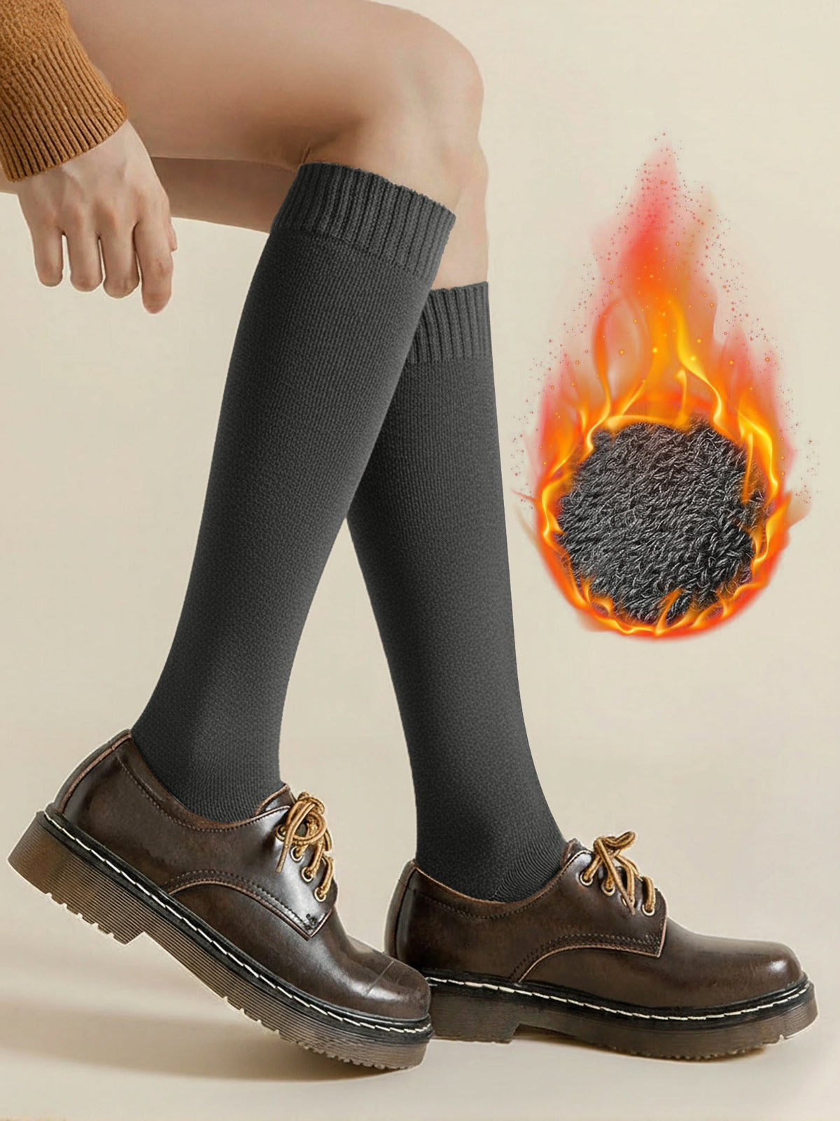 Winter Solid Color Fleece Lined Knee High Socks