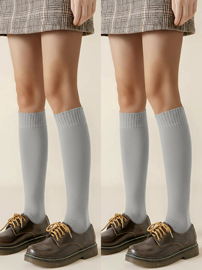 Winter Solid Color Fleece Lined Knee High Socks