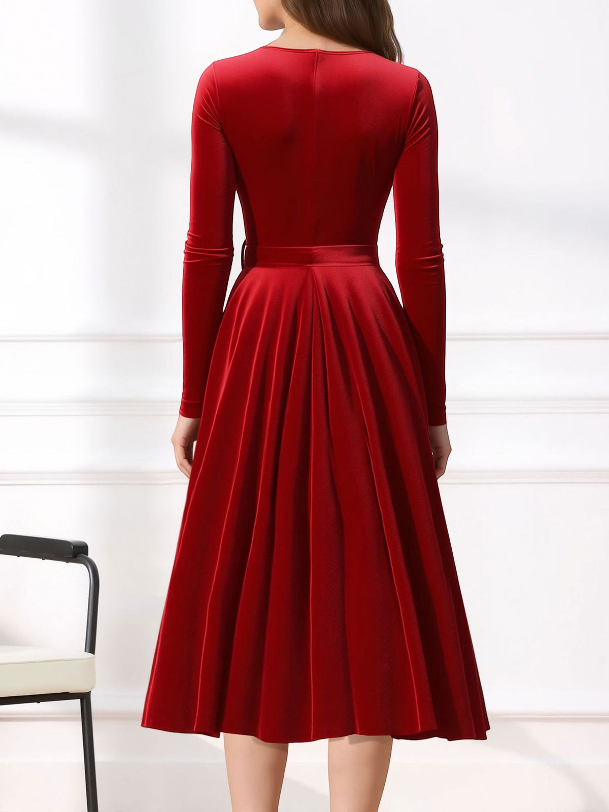 Christmas Velvet V Neck Long Sleeves Midi A-Line Dress