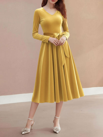 Christmas Velvet V Neck Long Sleeves Midi A-Line Dress