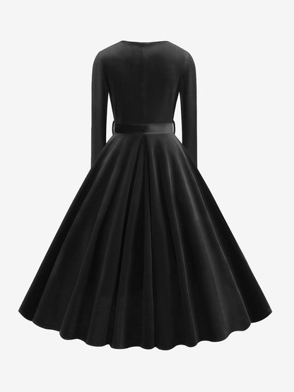 Christmas Velvet V Neck Long Sleeves Midi A-Line Dress