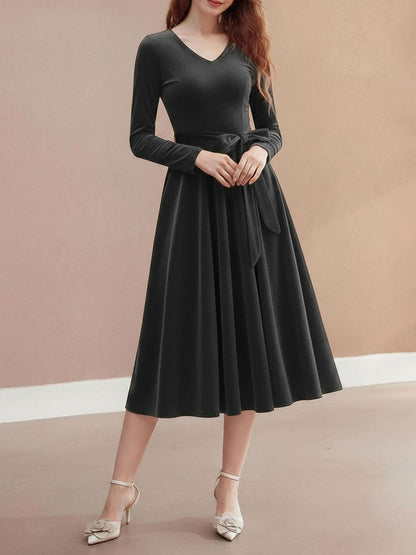 Christmas Velvet V Neck Long Sleeves Midi A-Line Dress