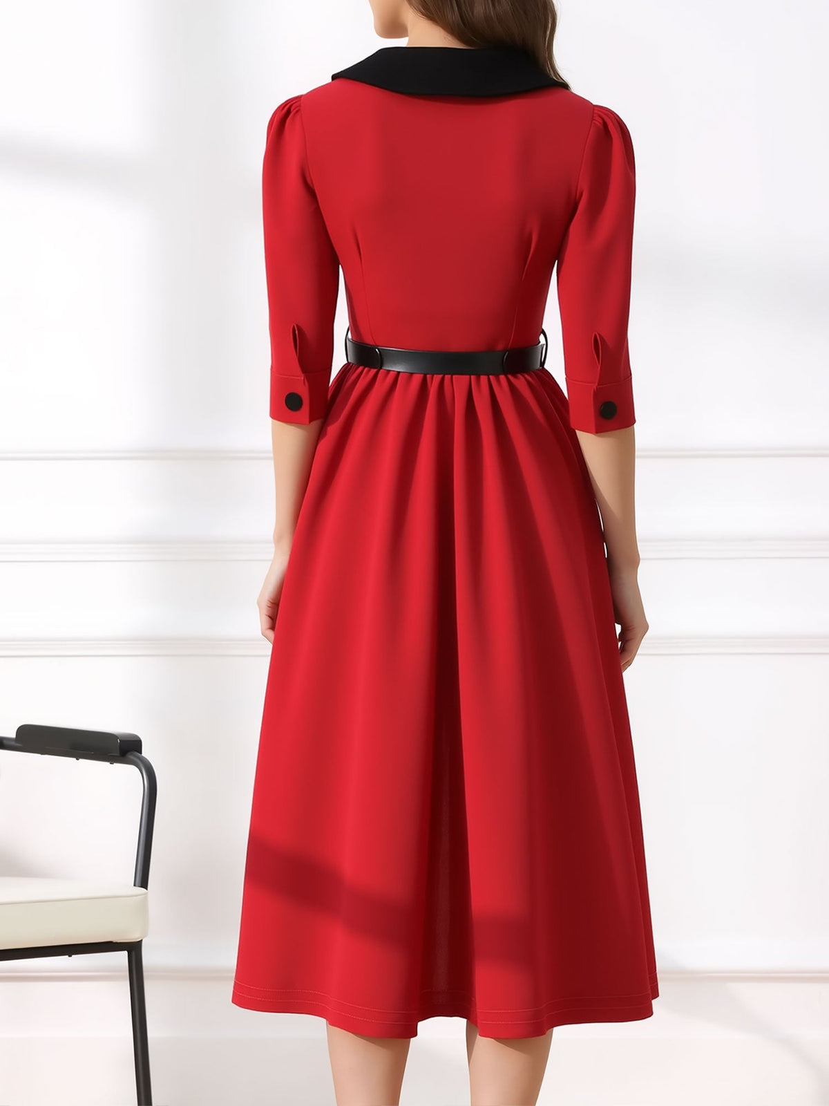 Vintage Peter Pan Collar Belted A-Line Midi Dress