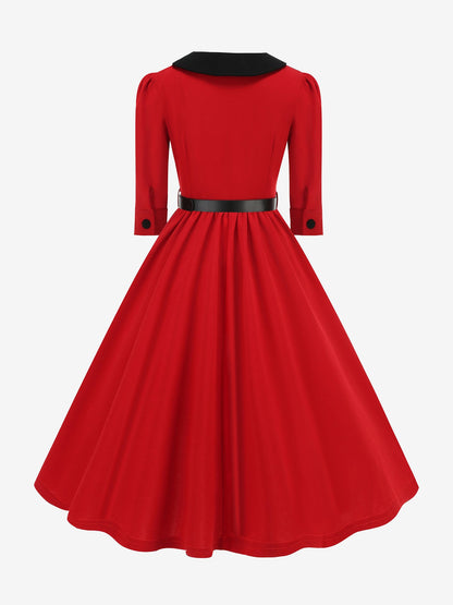 Vintage Peter Pan Collar Belted A-Line Midi Dress