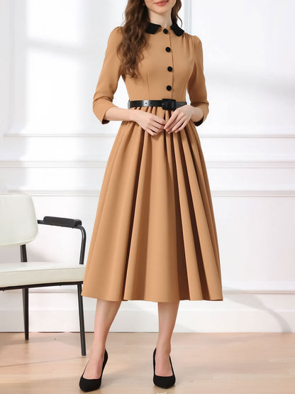 Vintage Peter Pan Collar Belted A-Line Midi Dress