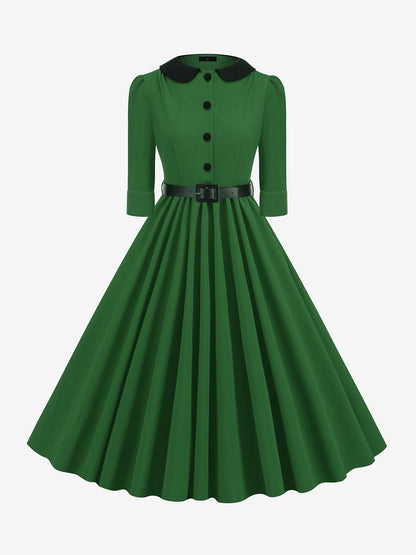 Vintage Peter Pan Collar Belted A-Line Midi Dress