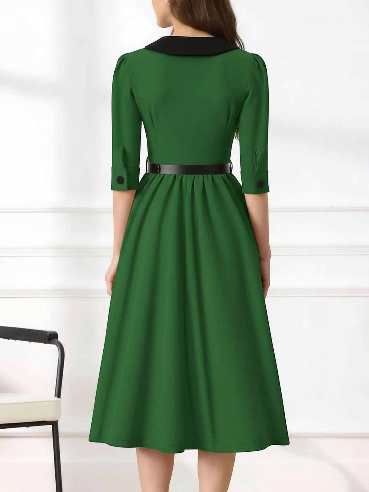 Vintage Peter Pan Collar Belted A-Line Midi Dress