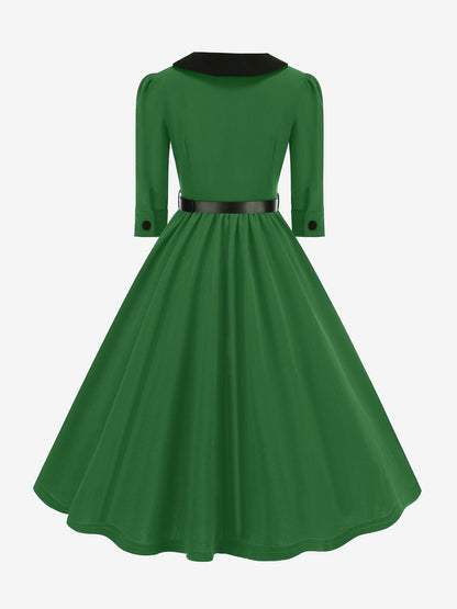 Vintage Peter Pan Collar Belted A-Line Midi Dress