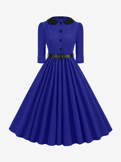 Vintage Peter Pan Collar Belted A-Line Midi Dress
