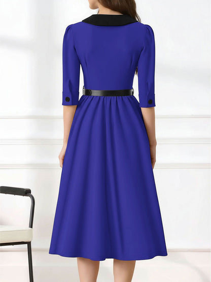 Vintage Peter Pan Collar Belted A-Line Midi Dress