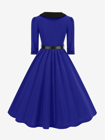 Vintage Peter Pan Collar Belted A-Line Midi Dress