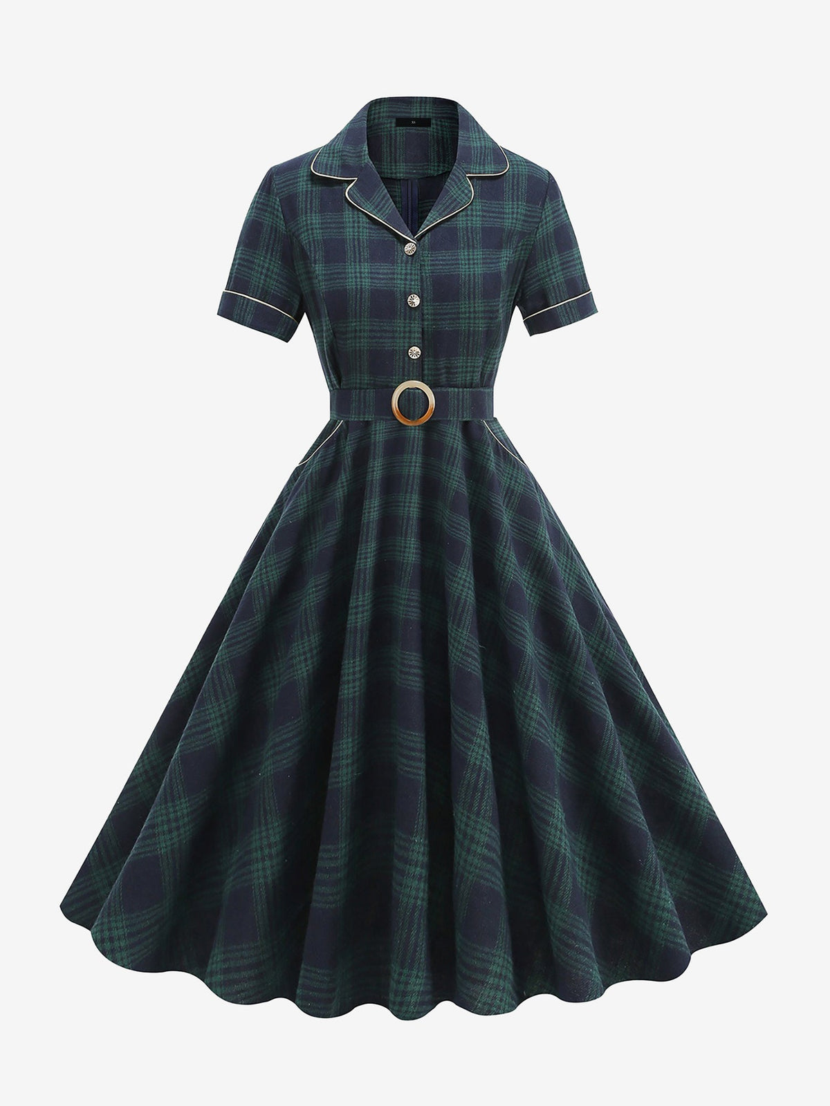 Vintage Notched Lapel Plaid Pockets Belted Midi A-Line Dress