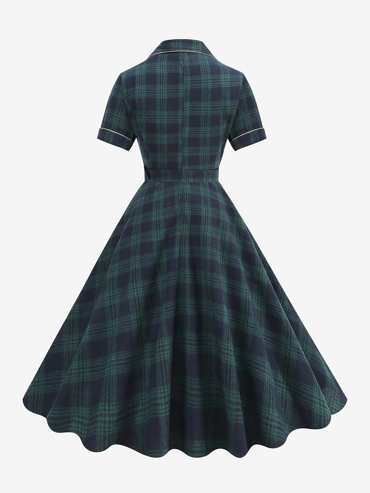 Vintage Notched Lapel Plaid Pockets Belted Midi A-Line Dress