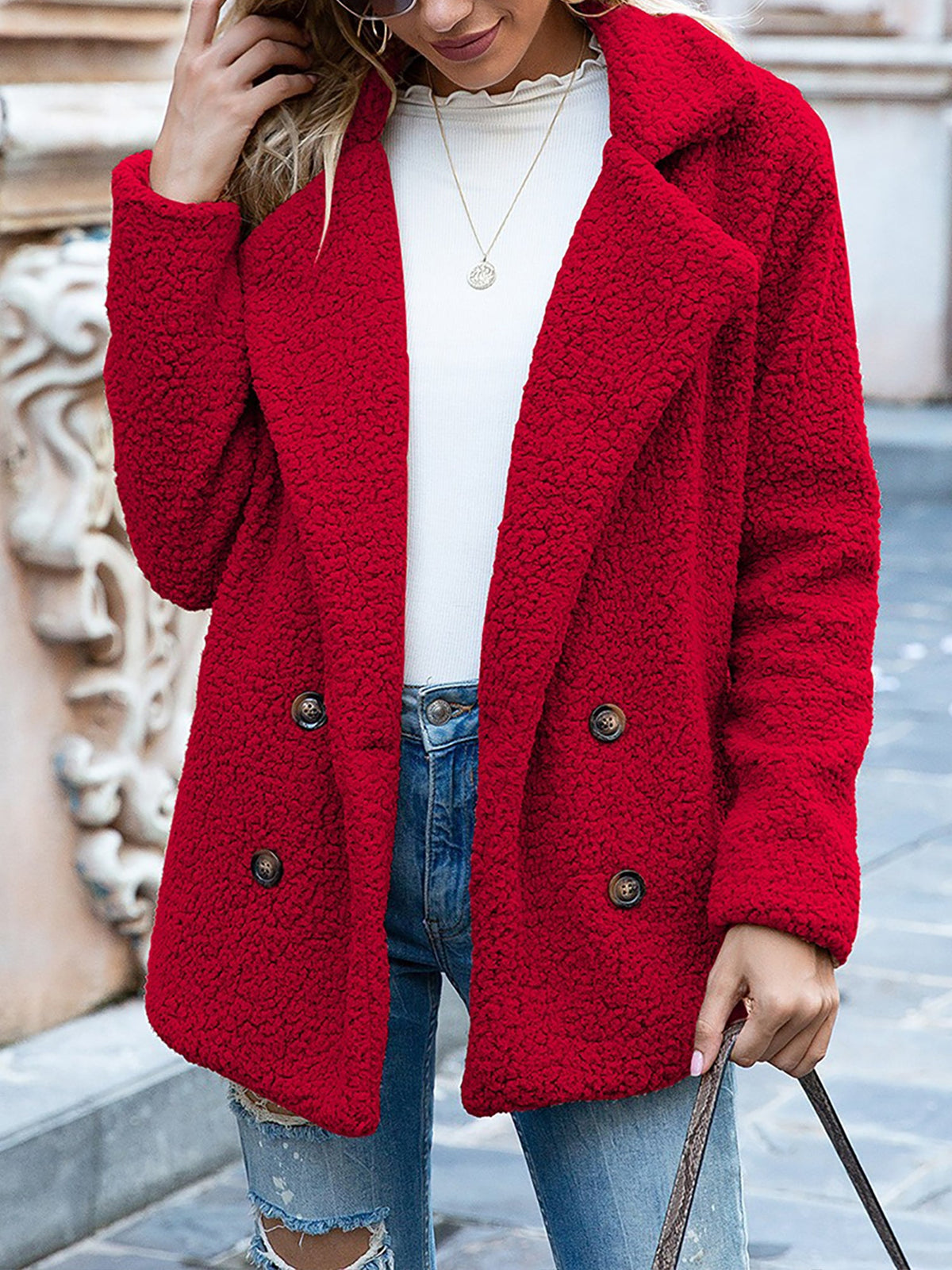 Notched Lapel Double Breasted Fleece Jacket