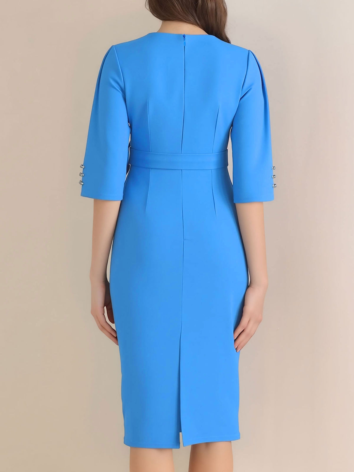 Notched Neck 3/4 Sleeves Midi Sheath Dress