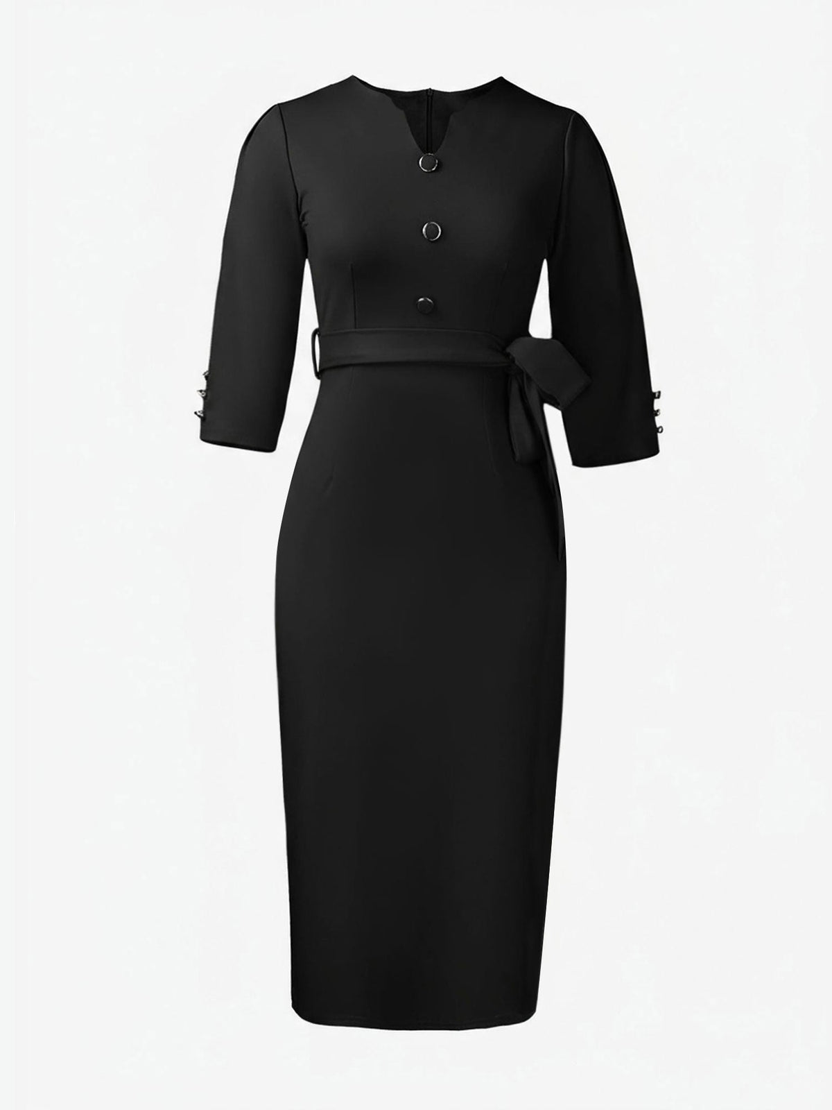 Notched Neck 3/4 Sleeves Midi Sheath Dress