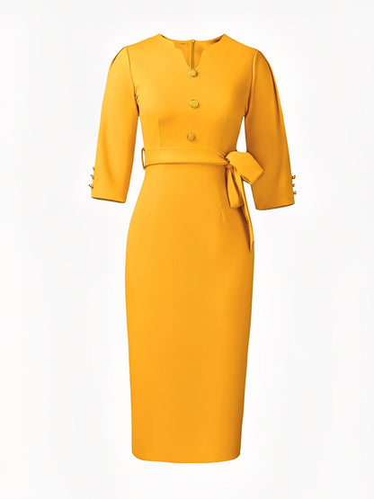 Notched Neck 3/4 Sleeves Midi Sheath Dress