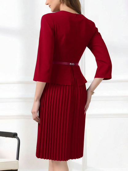 Notch Neck 3/4 Sleeves Belted Pleated Midi Work Dress