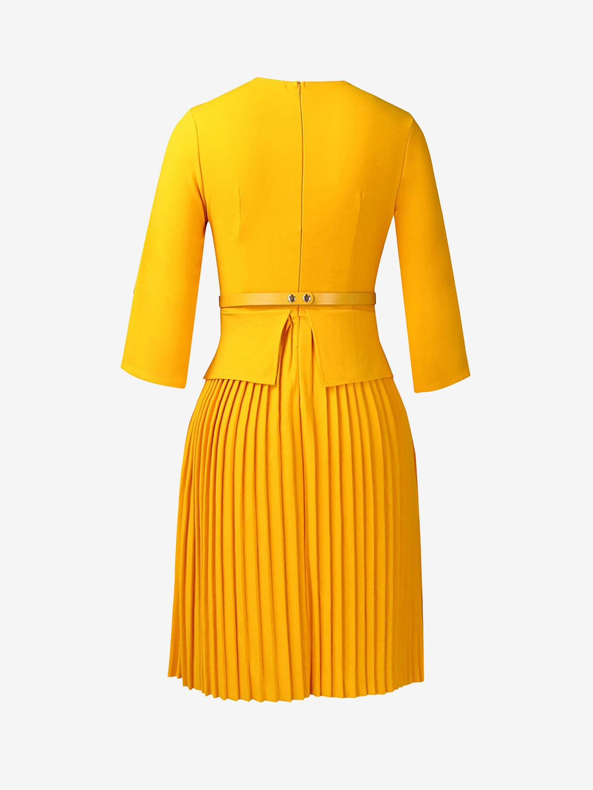 Notch Neck 3/4 Sleeves Belted Pleated Midi Work Dress