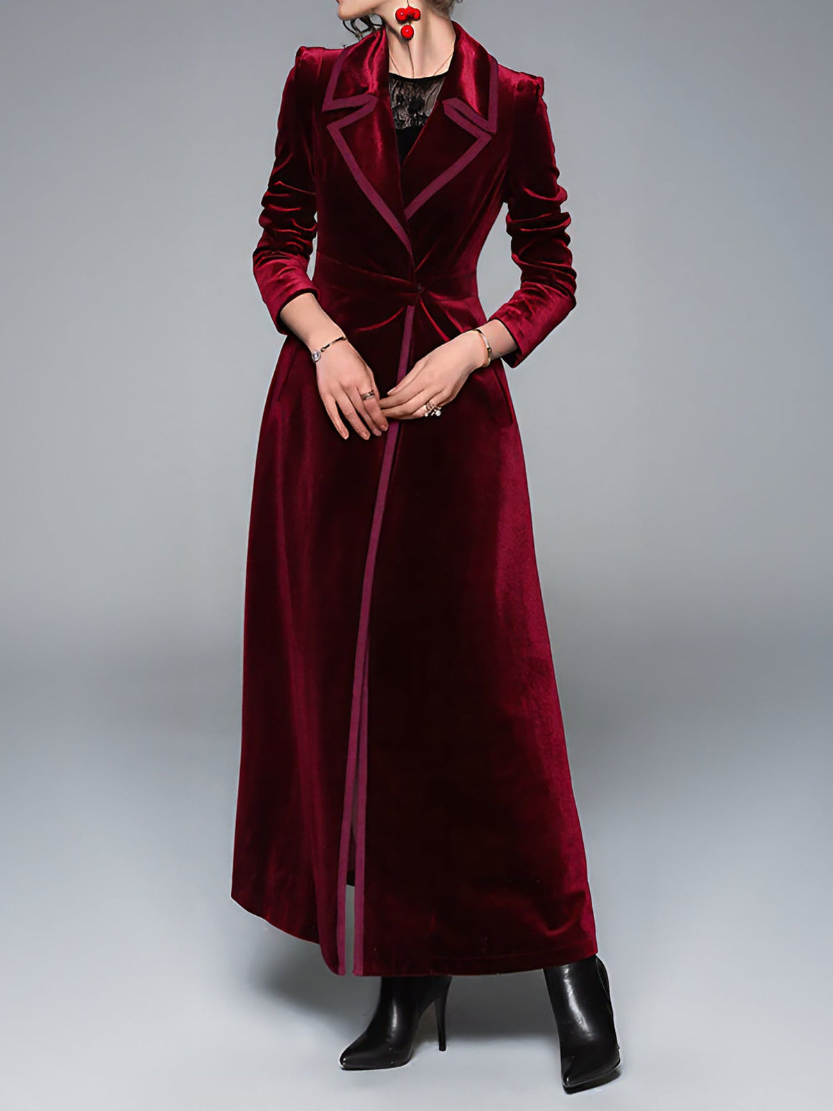 Vintage Notched Lapel Velvet Maxi Length A-Line Jacket