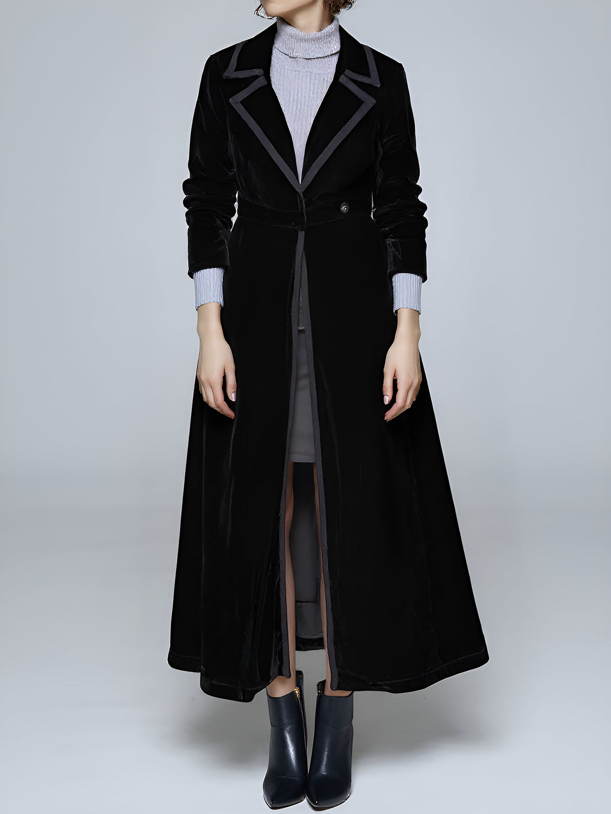 Vintage Notched Lapel Velvet Maxi Length A-Line Jacket