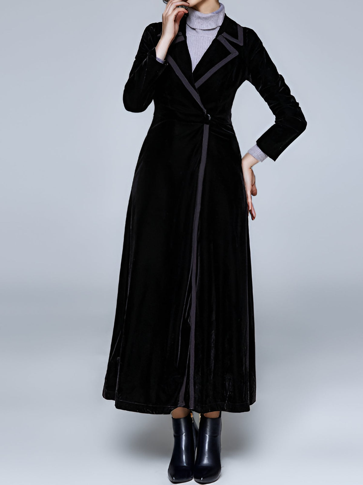 Vintage Notched Lapel Velvet Maxi Length A-Line Jacket