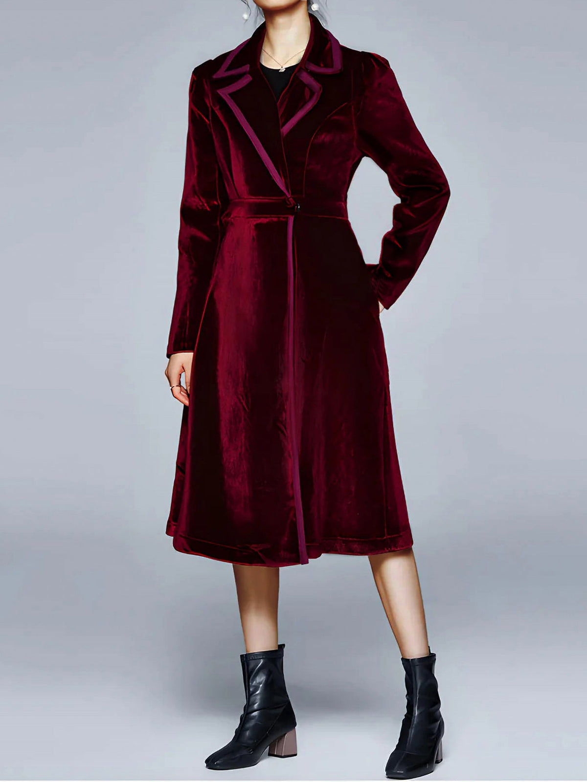 Vintage Notched Lapel Velvet Mid-Length A-Line Jacket