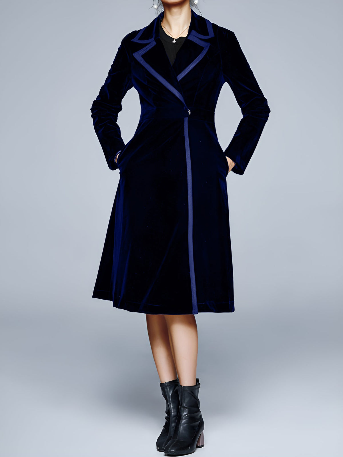 Vintage Notched Lapel Velvet Mid-Length A-Line Jacket