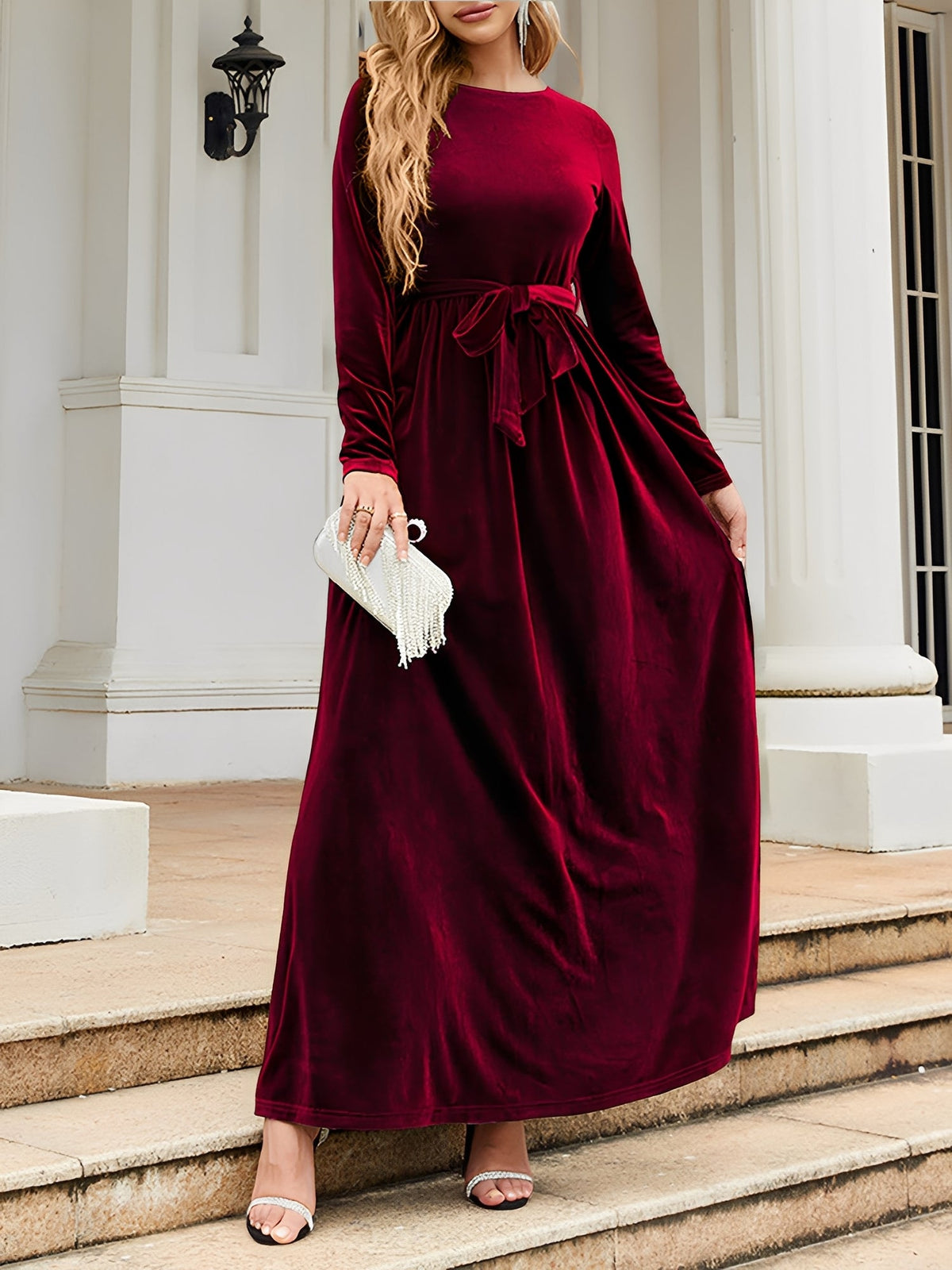 Velvet Round Neck Belted Maxi A-Line Dress