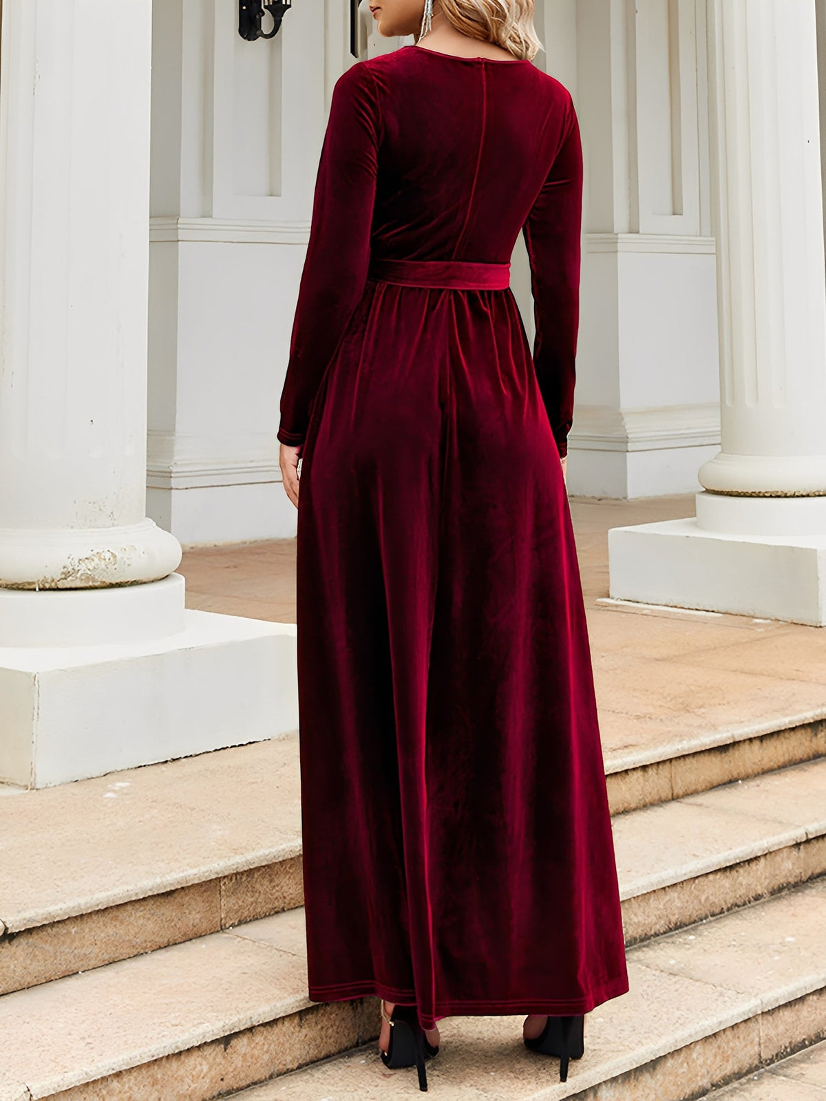 Velvet Round Neck Belted Maxi A-Line Dress