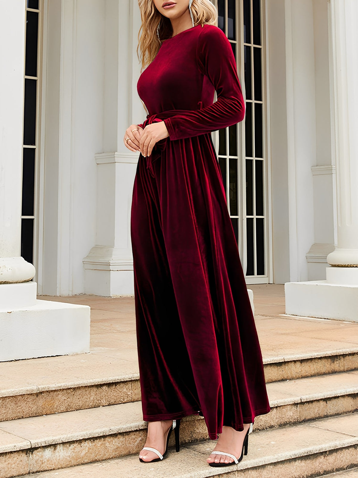 Velvet Round Neck Belted Maxi A-Line Dress