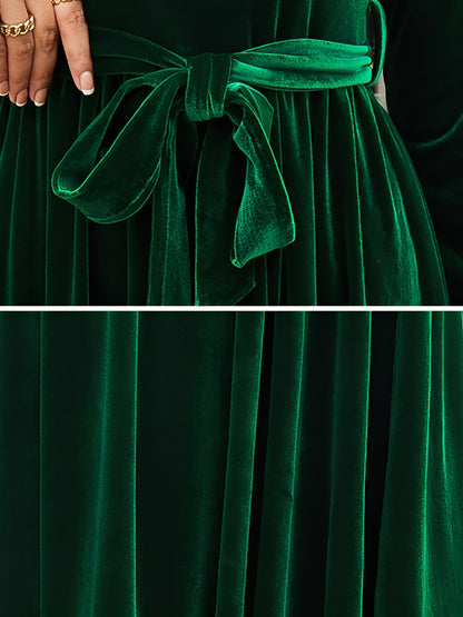 Velvet Round Neck Belted Maxi A-Line Dress