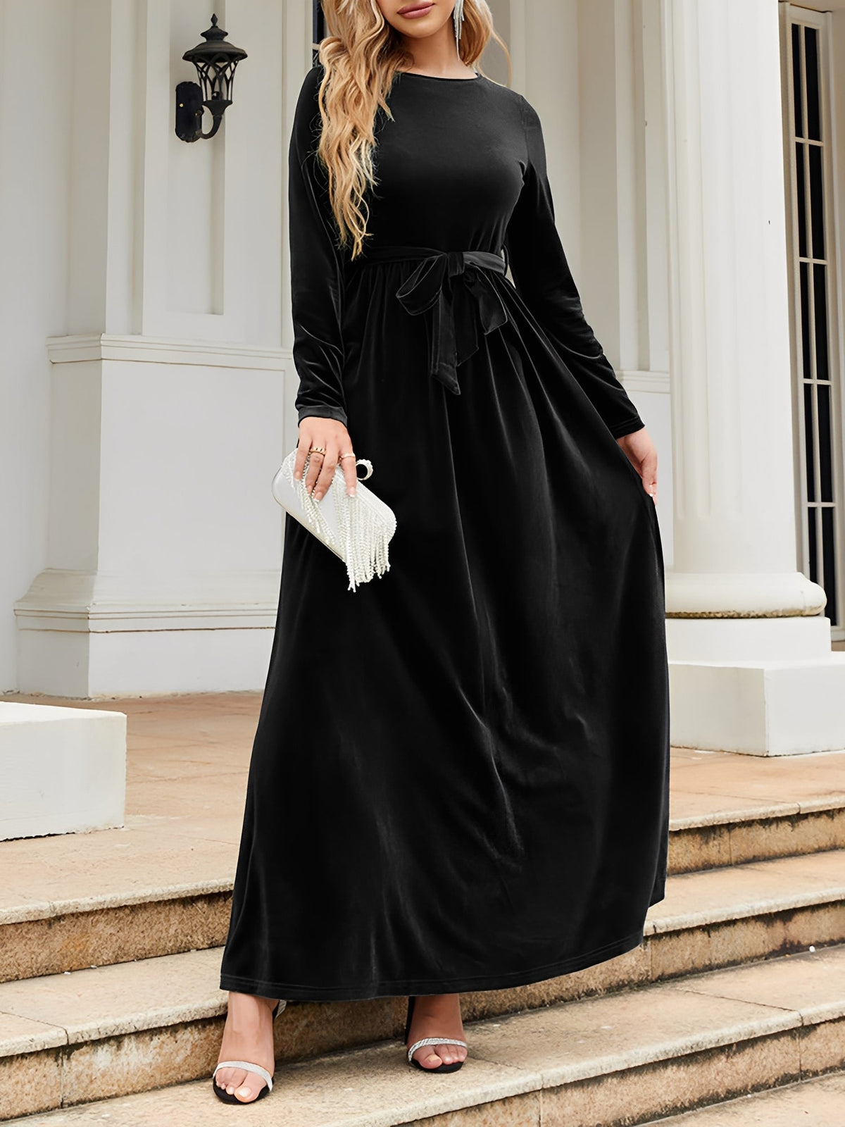 Velvet Round Neck Belted Maxi A-Line Dress