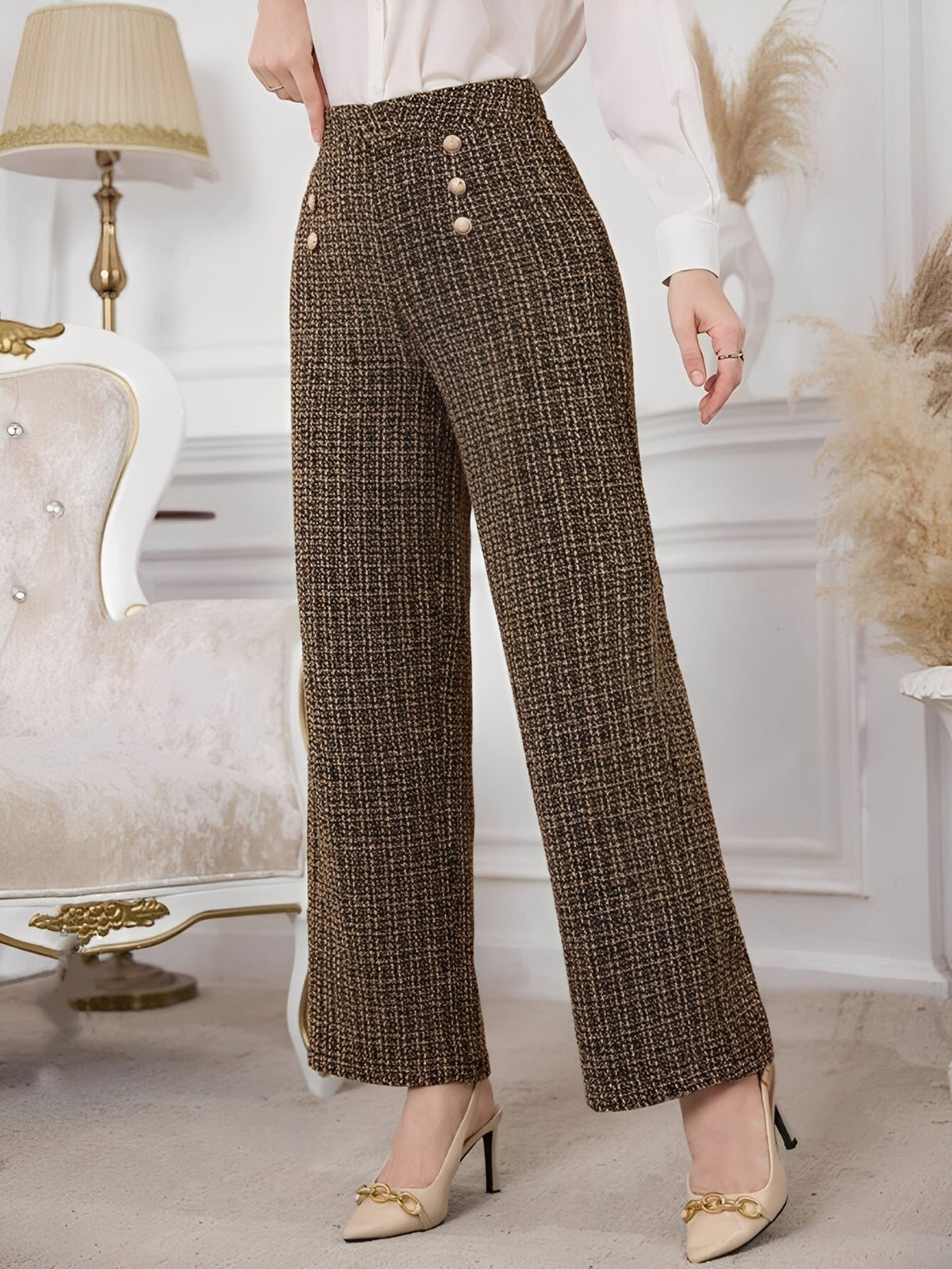 Plaid Tweed High Waisted Wide Legs Trousers Pants