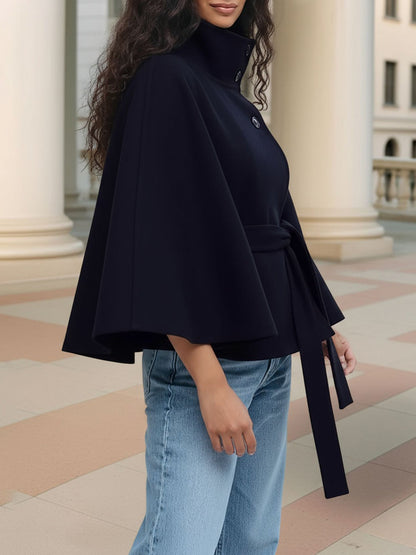 Stand Collar Solid Color Belted Cape Coat