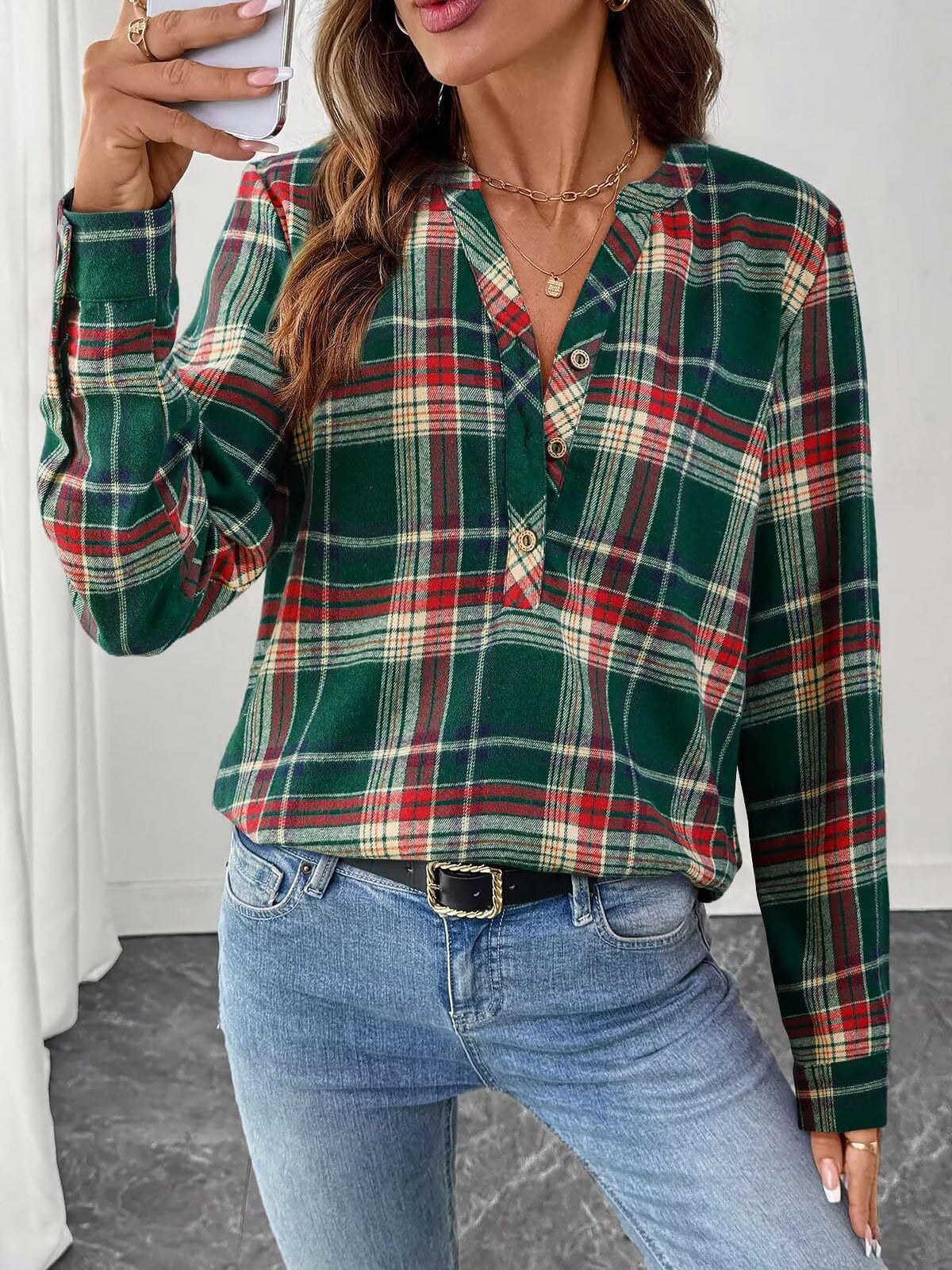 Plaid Buttoned Notch Neck Casual Blouse