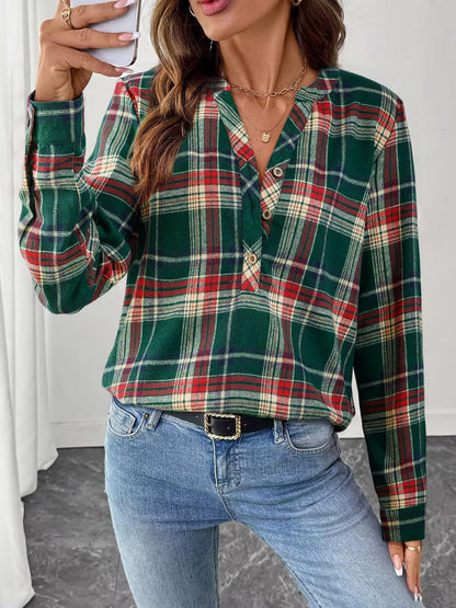 Plaid Buttoned Notch Neck Casual Blouse