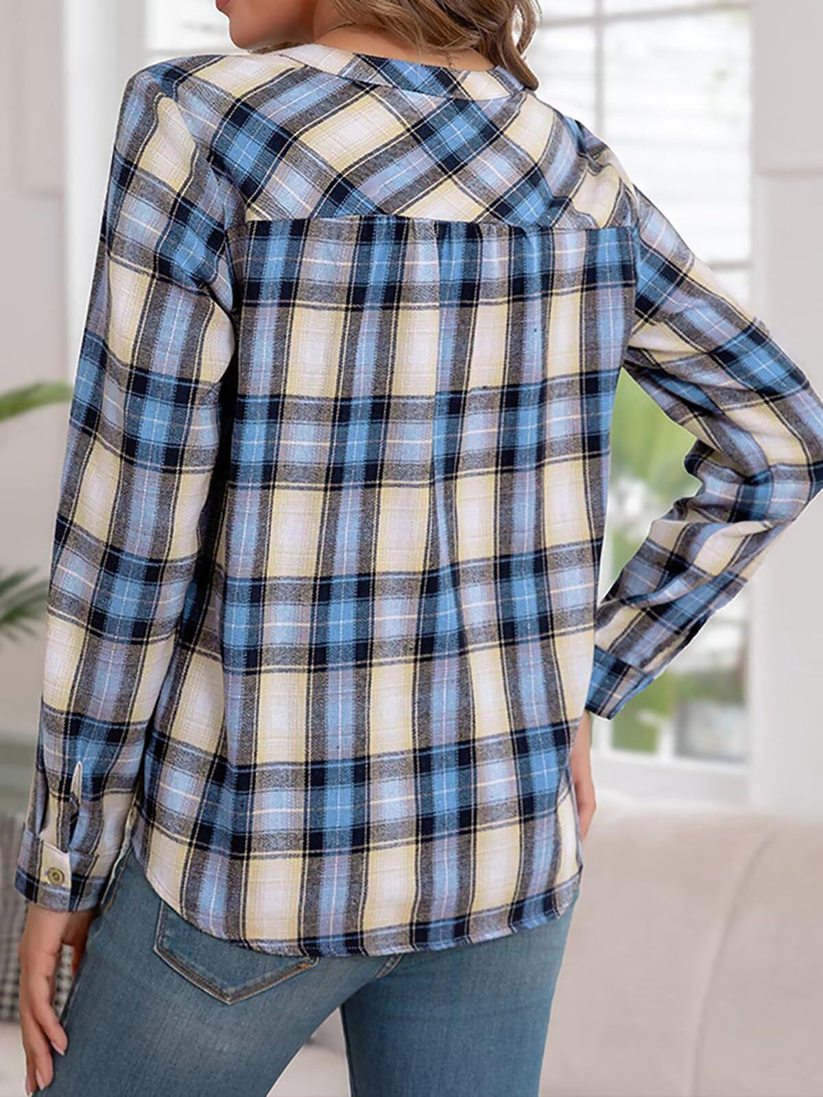Plaid Buttoned Notch Neck Casual Blouse