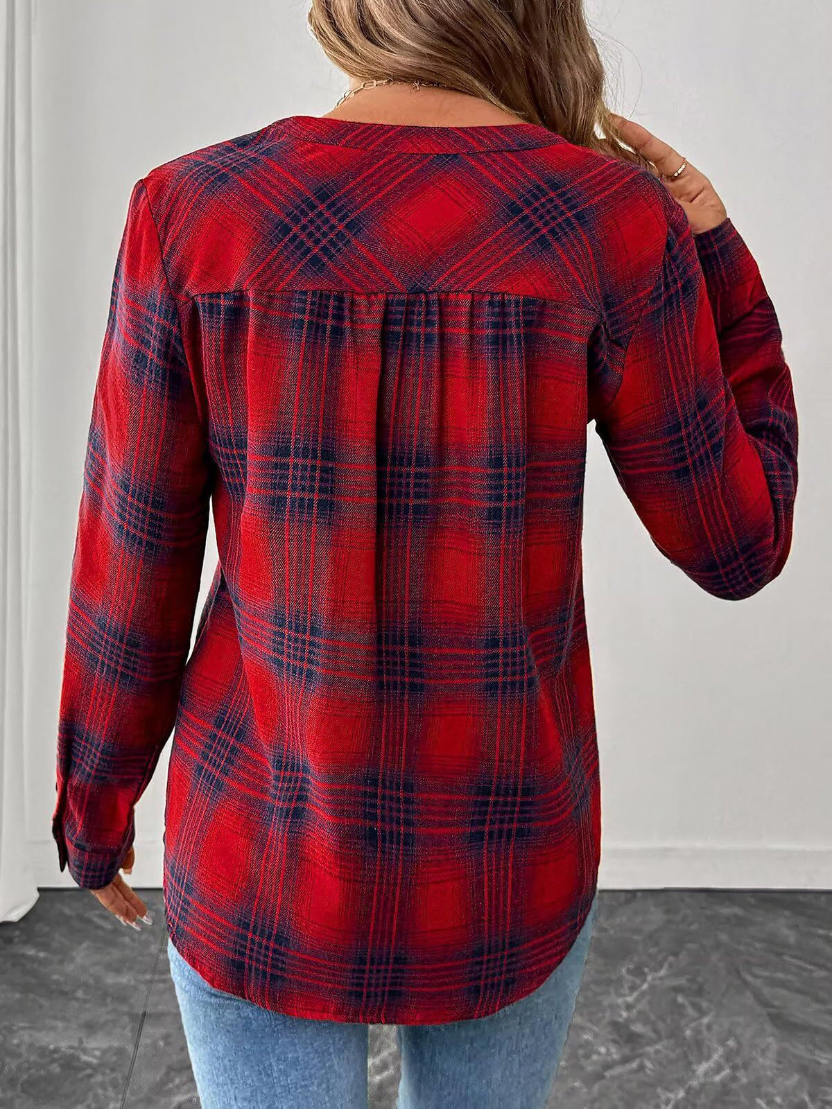 Plaid Buttoned Notch Neck Casual Blouse