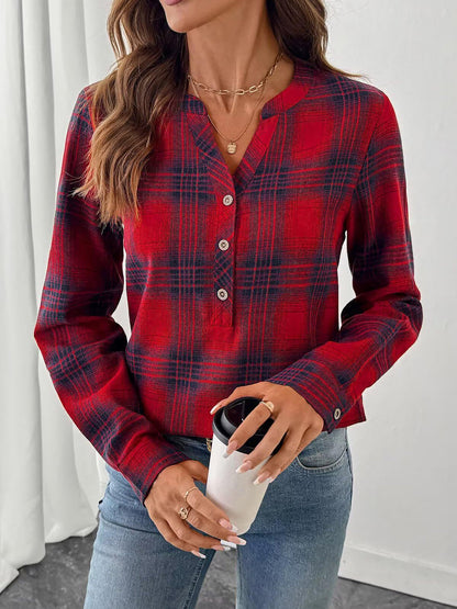 Plaid Buttoned Notch Neck Casual Blouse