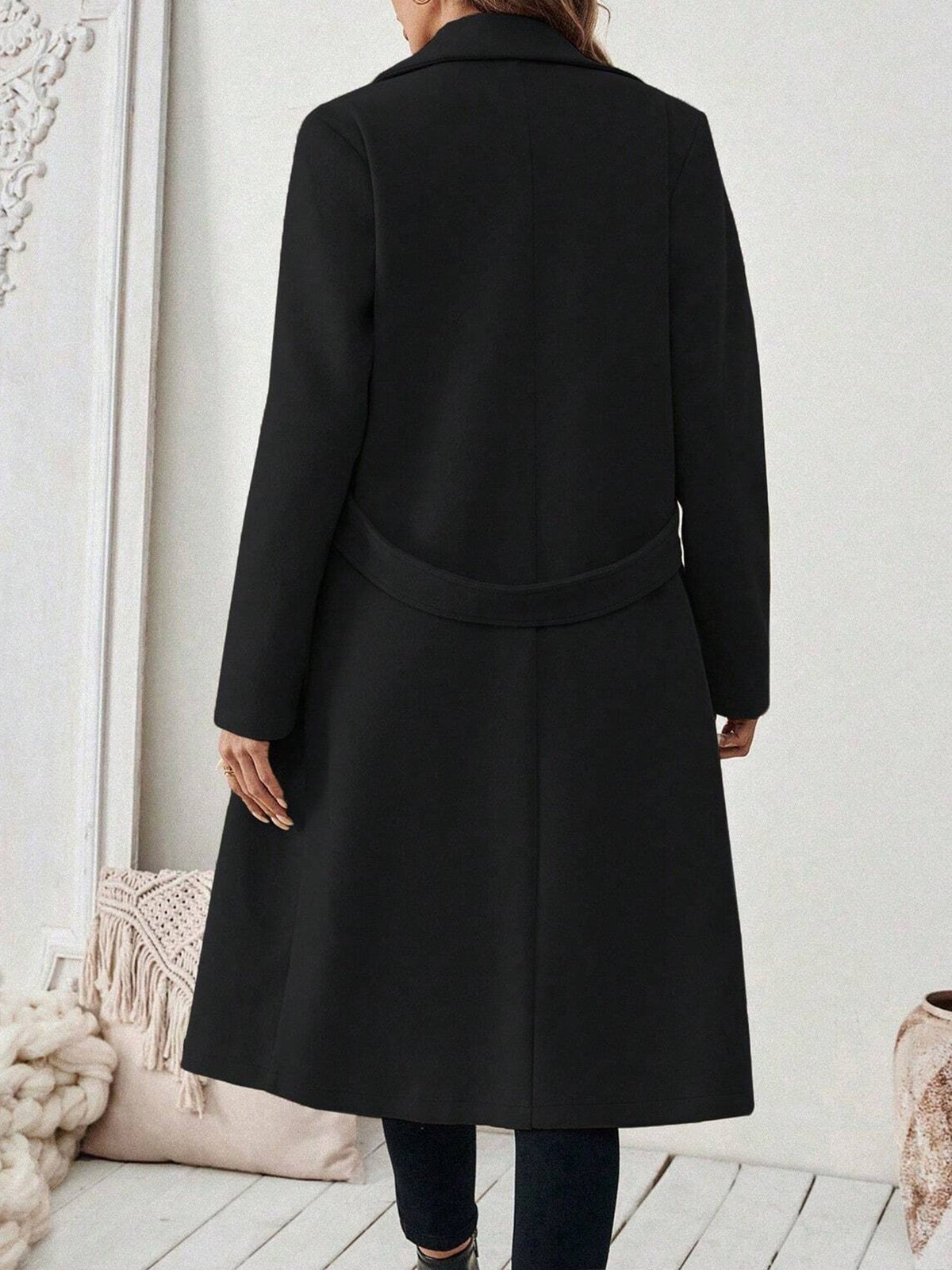 Notched Lapel Double Breasted Pockets Mid-Length Pea Coat