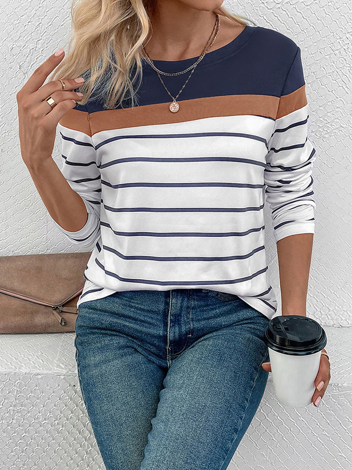 Round Neck Long Sleeve Striped Top