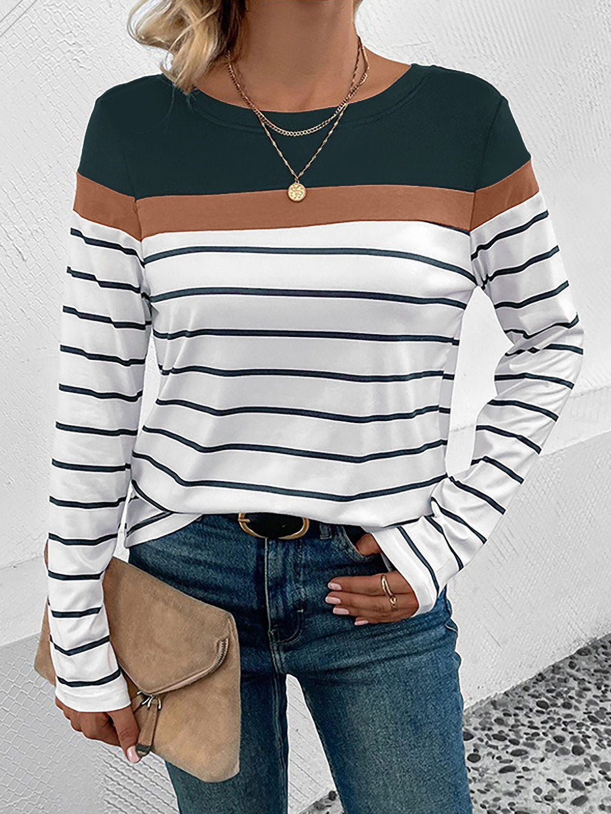 Round Neck Long Sleeve Striped Top