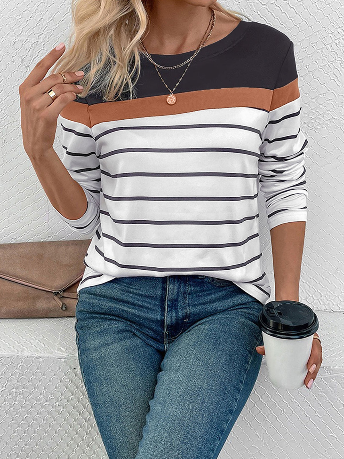 Round Neck Long Sleeve Striped Top
