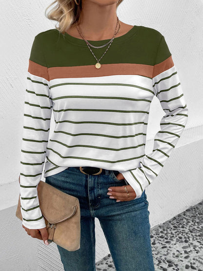 Round Neck Long Sleeve Striped Top