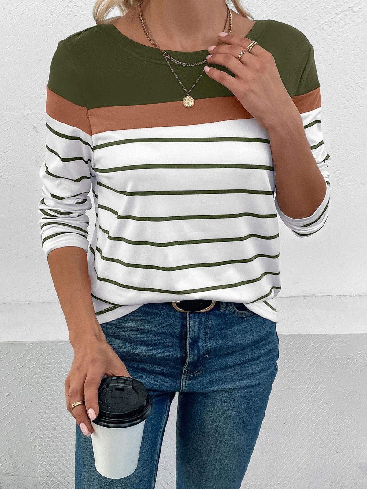Round Neck Long Sleeve Striped Top